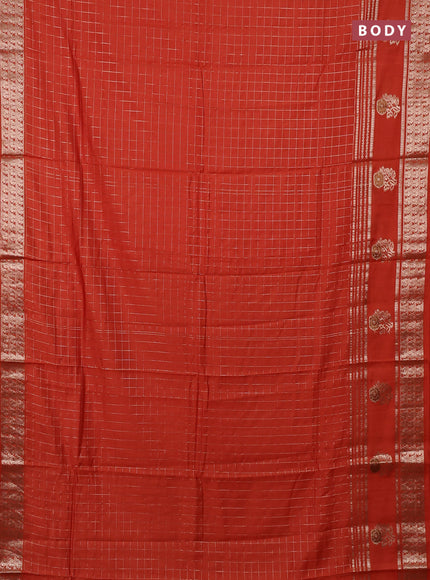 Semi chanderi saree orange and deep wine shade with allover zari checked pattern and rettapet zari woven butta border
