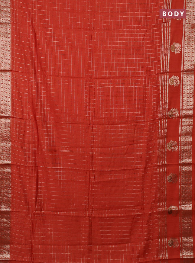 Semi chanderi saree orange and deep wine shade with allover zari checked pattern and rettapet zari woven butta border