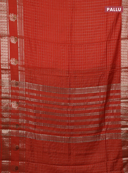 Semi chanderi saree orange and deep wine shade with allover zari checked pattern and rettapet zari woven butta border