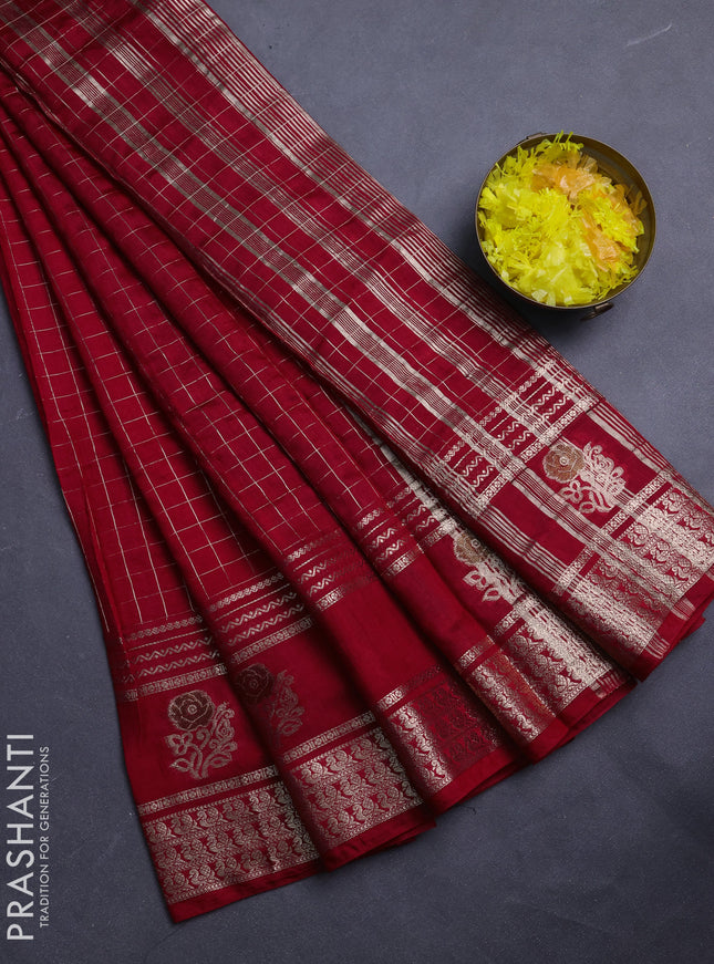 Semi chanderi saree red and black with allover zari checked pattern and rettapet zari woven butta border