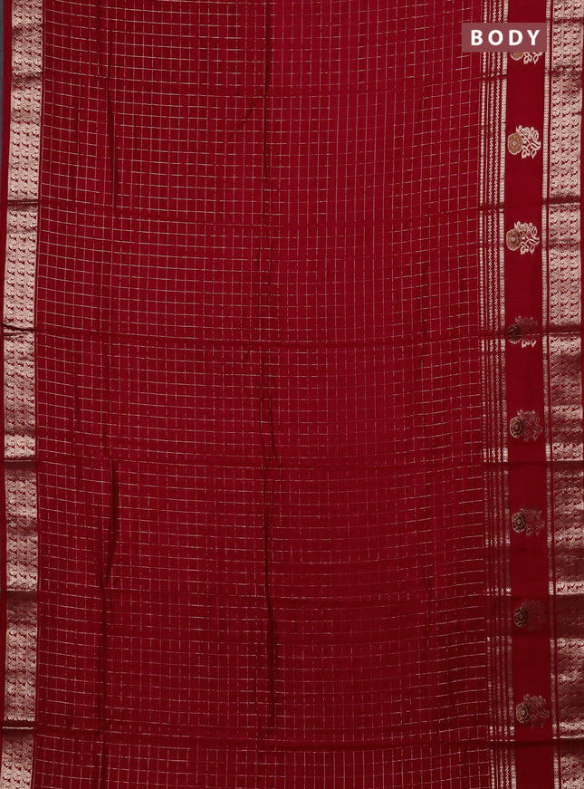 Semi chanderi saree red and black with allover zari checked pattern and rettapet zari woven butta border
