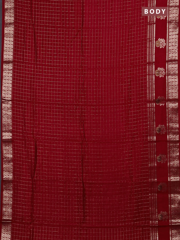 Semi chanderi saree red and black with allover zari checked pattern and rettapet zari woven butta border