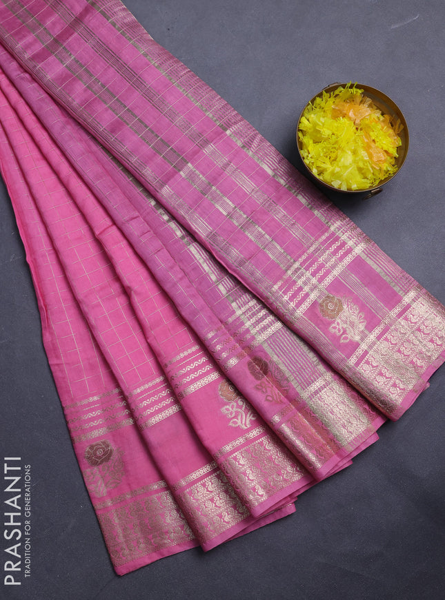 Semi chanderi saree light pink and blue with allover zari checked pattern and rettapet zari woven butta border
