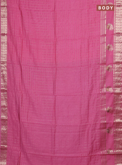 Semi chanderi saree light pink and blue with allover zari checked pattern and rettapet zari woven butta border