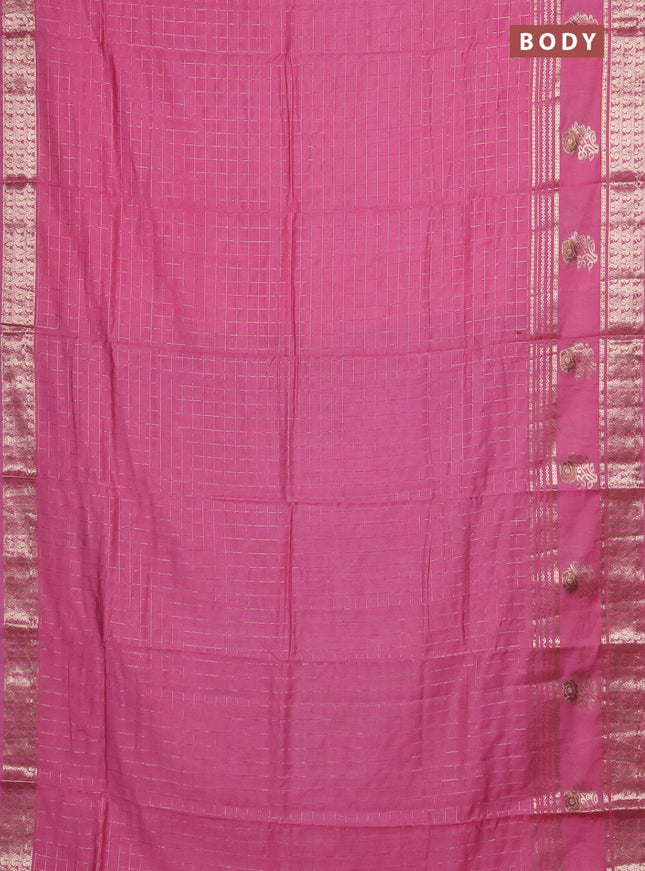 Semi chanderi saree light pink and blue with allover zari checked pattern and rettapet zari woven butta border