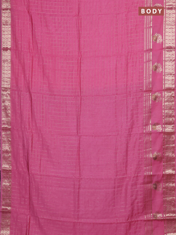 Semi chanderi saree light pink and blue with allover zari checked pattern and rettapet zari woven butta border