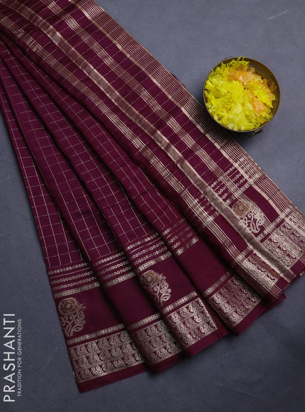 Semi chanderi saree deep wine and rustic orange with allover zari checked pattern and rettapet zari woven butta border