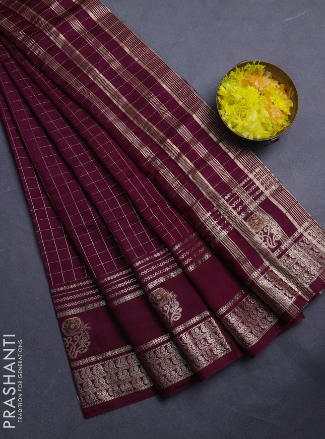 Semi chanderi saree deep wine and rustic orange with allover zari checked pattern and rettapet zari woven butta border