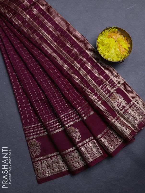 Semi chanderi saree deep wine and rustic orange with allover zari checked pattern and rettapet zari woven butta border