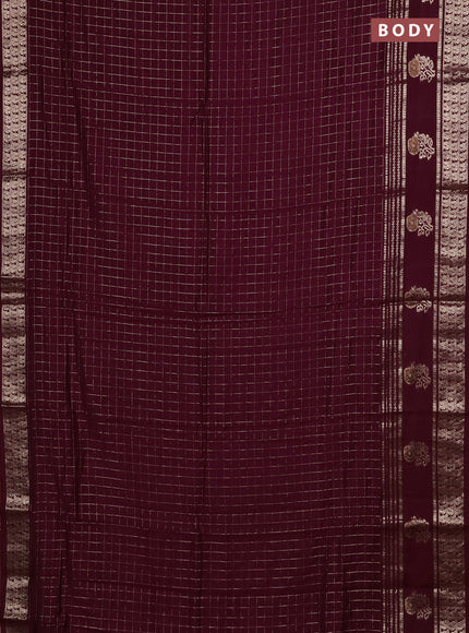 Semi chanderi saree deep wine and rustic orange with allover zari checked pattern and rettapet zari woven butta border