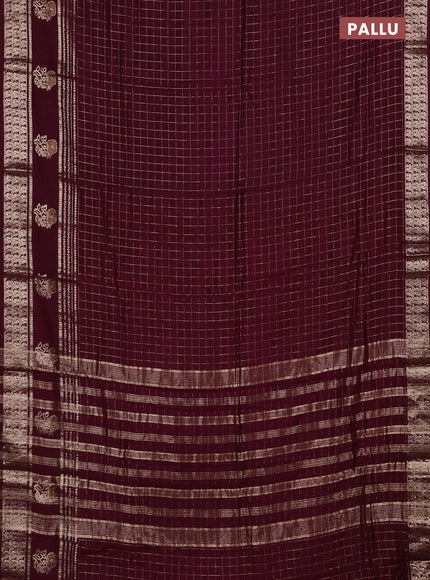 Semi chanderi saree deep wine and rustic orange with allover zari checked pattern and rettapet zari woven butta border