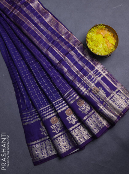 Semi chanderi saree blue and light pink with allover zari checked pattern and rettapet zari woven butta border