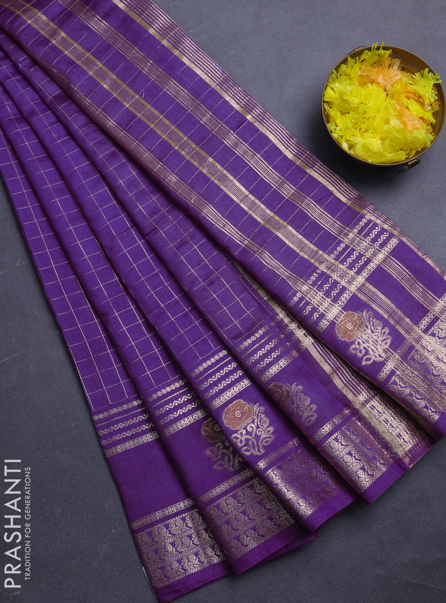 Semi chanderi saree purple and light green with allover zari checked pattern and rettapet zari woven butta border
