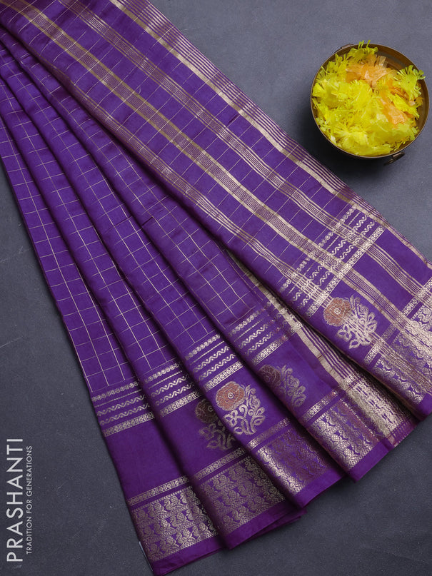 Semi chanderi saree purple and light green with allover zari checked pattern and rettapet zari woven butta border