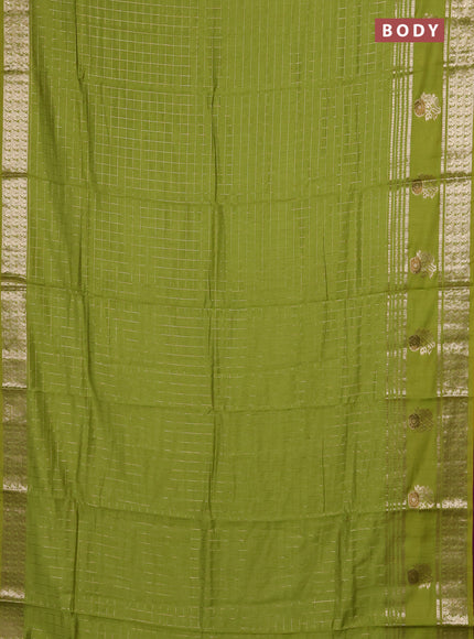 Semi chanderi saree light green and purple with allover zari checked pattern and rettapet zari woven butta border