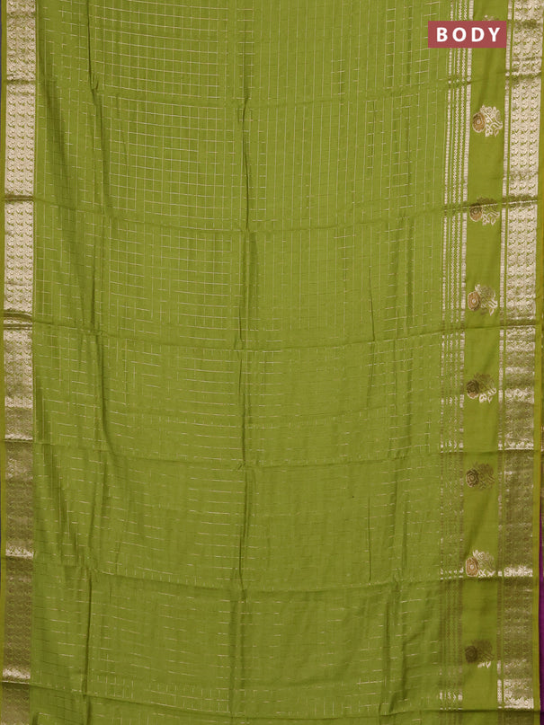 Semi chanderi saree light green and purple with allover zari checked pattern and rettapet zari woven butta border