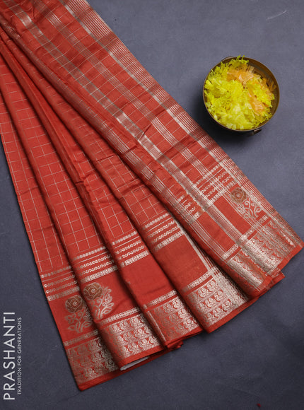 Semi chanderi saree rust shade and deep wine shade with allover zari checked pattern and rettapet zari woven butta border
