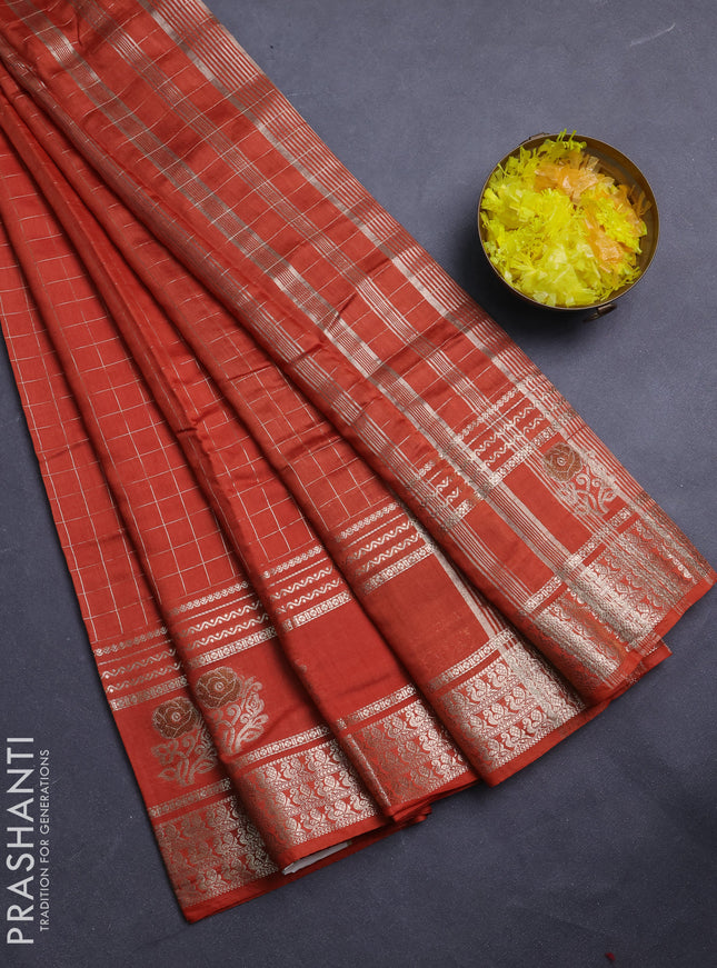 Semi chanderi saree rust shade and deep wine shade with allover zari checked pattern and rettapet zari woven butta border