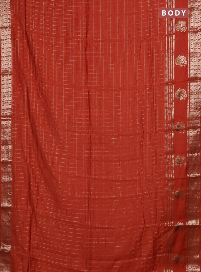 Semi chanderi saree rust shade and deep wine shade with allover zari checked pattern and rettapet zari woven butta border