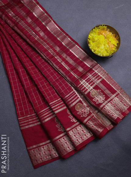 Semi chanderi saree maroon and black with allover zari checked pattern and rettapet zari woven butta border