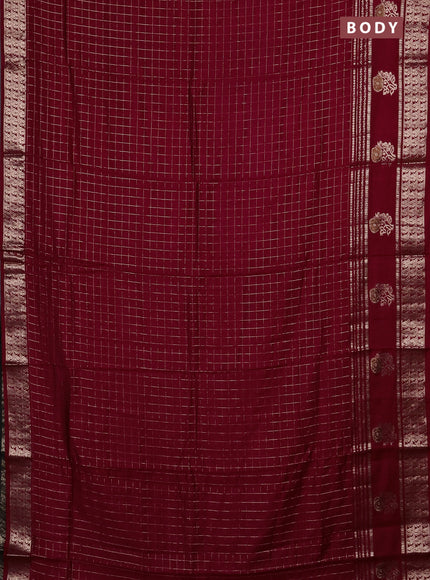 Semi chanderi saree maroon and black with allover zari checked pattern and rettapet zari woven butta border