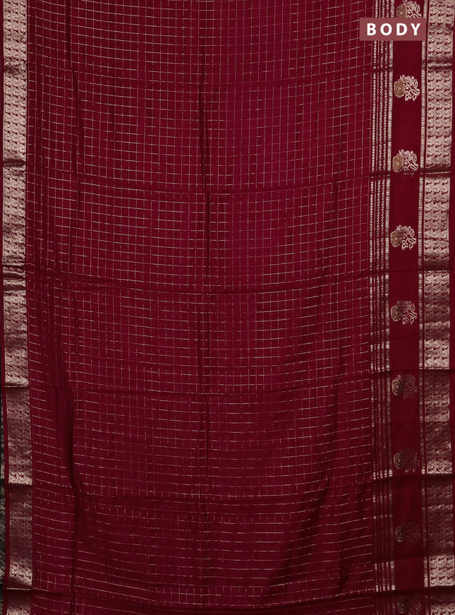 Semi chanderi saree maroon and black with allover zari checked pattern and rettapet zari woven butta border