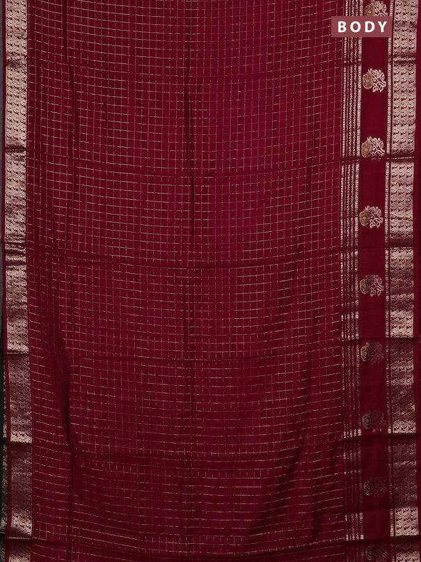 Semi chanderi saree maroon and black with allover zari checked pattern and rettapet zari woven butta border