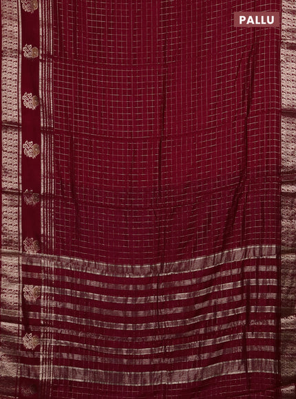 Semi chanderi saree maroon and black with allover zari checked pattern and rettapet zari woven butta border