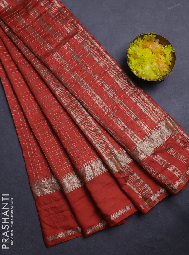 Semi chanderi saree rust shade and maroon with allover zari checked pattern and rettapet zari woven border