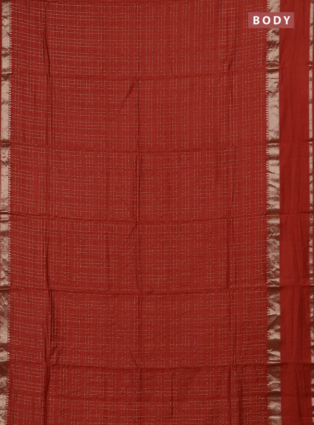 Semi chanderi saree rust shade and maroon with allover zari checked pattern and rettapet zari woven border