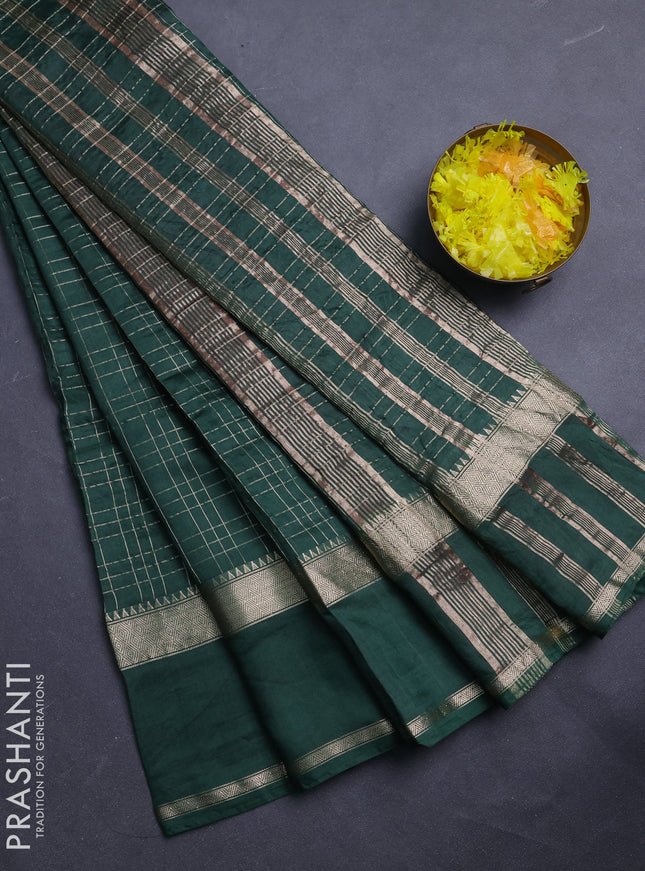 Semi chanderi saree green and dark pink with allover zari checked pattern and rettapet zari woven border