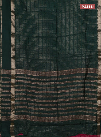 Semi chanderi saree green and dark pink with allover zari checked pattern and rettapet zari woven border