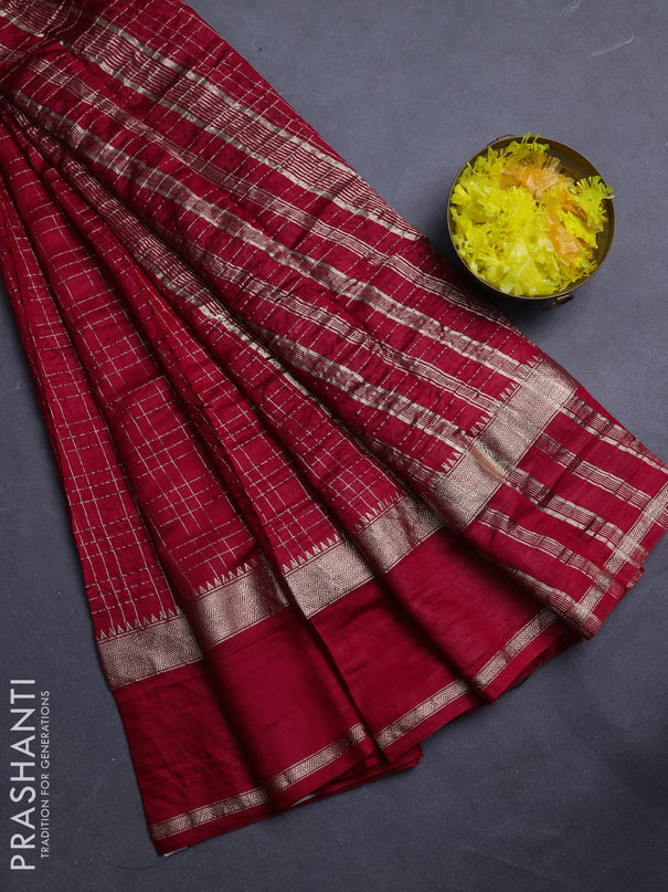 Semi chanderi saree red and green with allover zari checked pattern and rettapet zari woven border