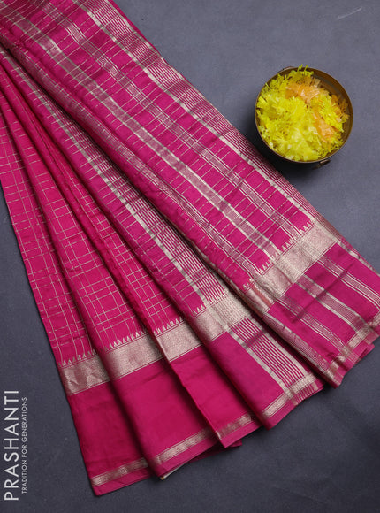 Semi chanderi saree dark pink and violet with allover zari checked pattern and rettapet zari woven border