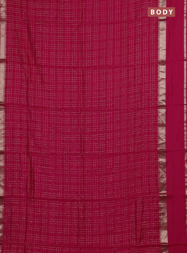 Semi chanderi saree dark pink and violet with allover zari checked pattern and rettapet zari woven border