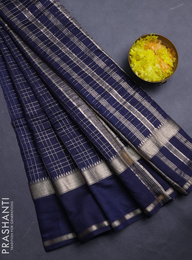 Semi chanderi saree navy blue and violet with allover zari checked pattern and rettapet zari woven border