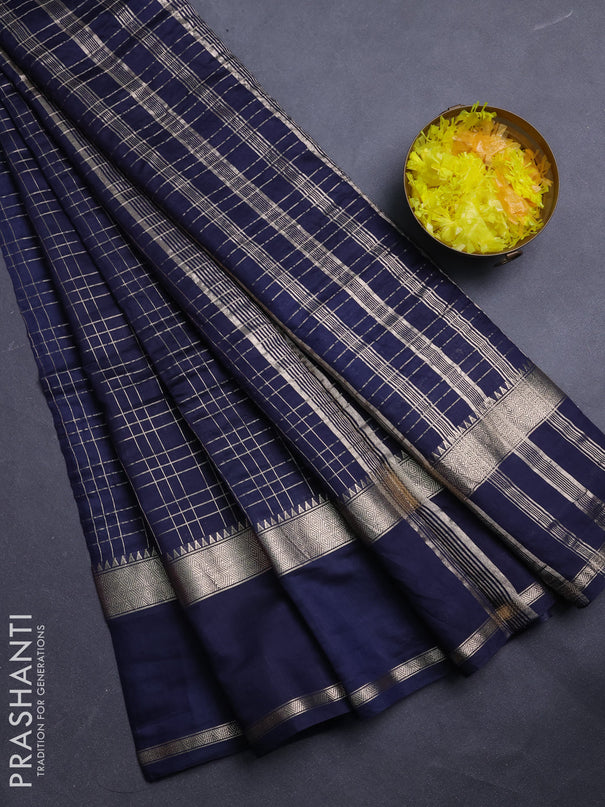 Semi chanderi saree navy blue and violet with allover zari checked pattern and rettapet zari woven border