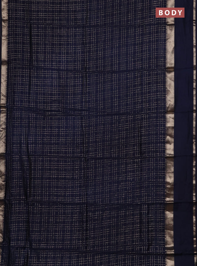 Semi chanderi saree navy blue and violet with allover zari checked pattern and rettapet zari woven border