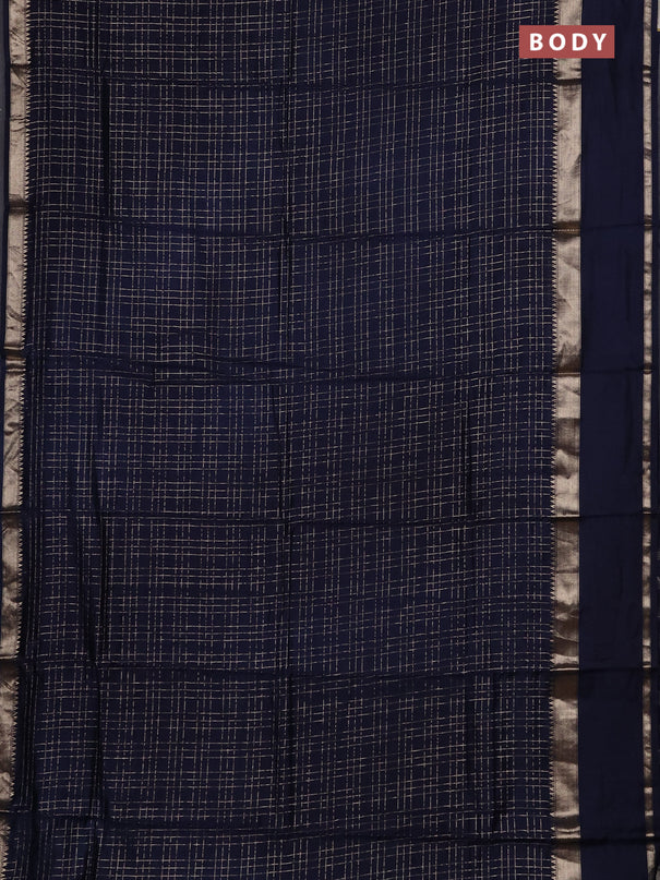 Semi chanderi saree navy blue and violet with allover zari checked pattern and rettapet zari woven border