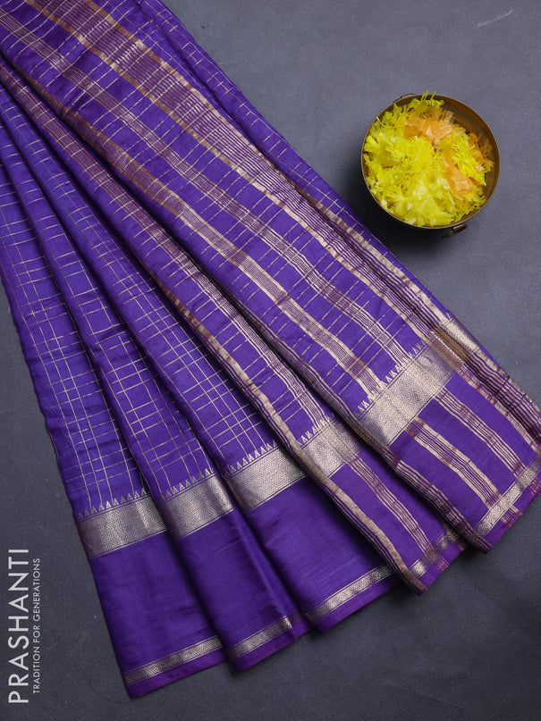 Semi chanderi saree violet and rust shade with allover zari checked pattern and rettapet zari woven border