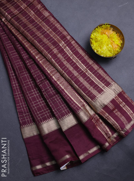 Semi chanderi saree deep wine and rust shade with allover zari checked pattern and rettapet zari woven border