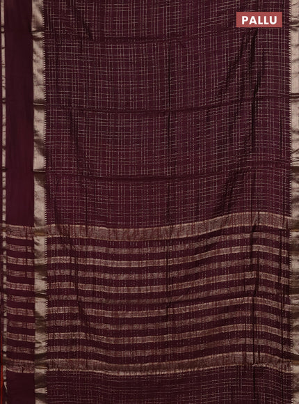 Semi chanderi saree deep wine and rust shade with allover zari checked pattern and rettapet zari woven border