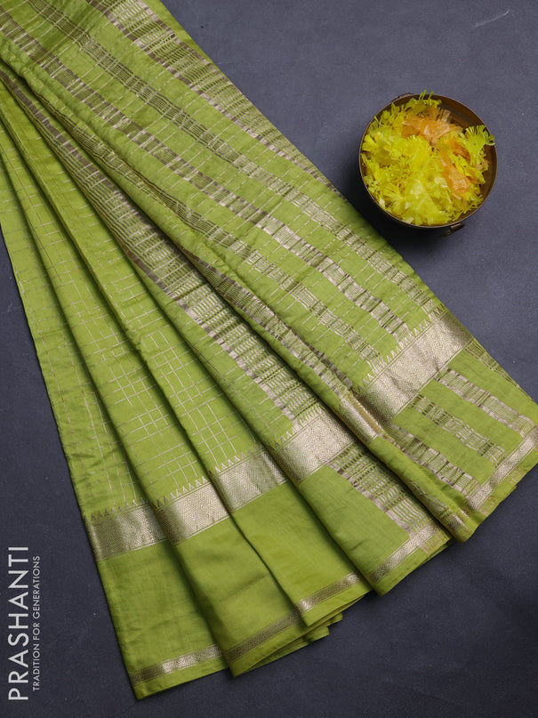 Semi chanderi saree fluorescent green and violet with allover zari checked pattern and rettapet zari woven border