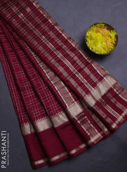 Semi chanderi saree deep maroon and green with allover zari checked pattern and rettapet zari woven border