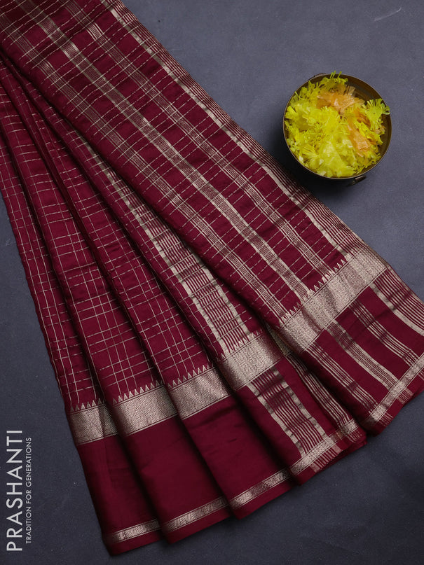 Semi chanderi saree deep maroon and green with allover zari checked pattern and rettapet zari woven border