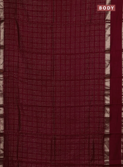 Semi chanderi saree deep maroon and green with allover zari checked pattern and rettapet zari woven border