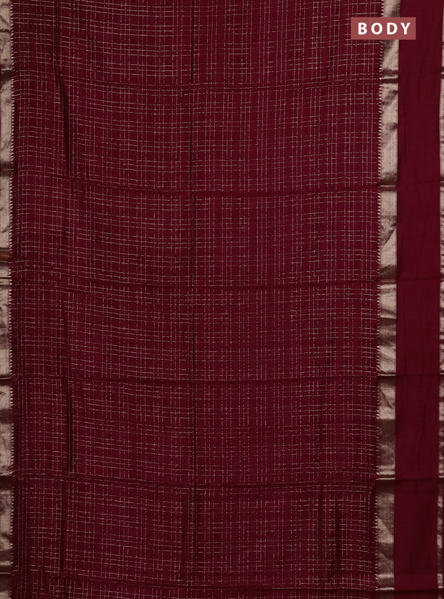 Semi chanderi saree deep maroon and green with allover zari checked pattern and rettapet zari woven border