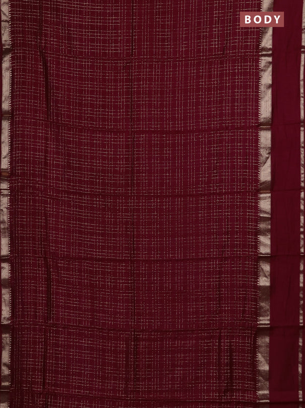 Semi chanderi saree deep maroon and green with allover zari checked pattern and rettapet zari woven border
