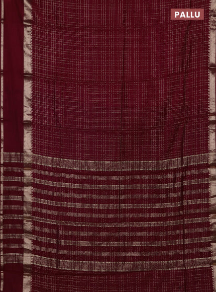 Semi chanderi saree deep maroon and green with allover zari checked pattern and rettapet zari woven border