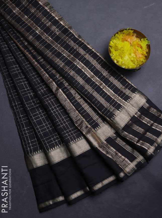 Semi chanderi saree black and red with allover zari checked pattern and rettapet zari woven border
